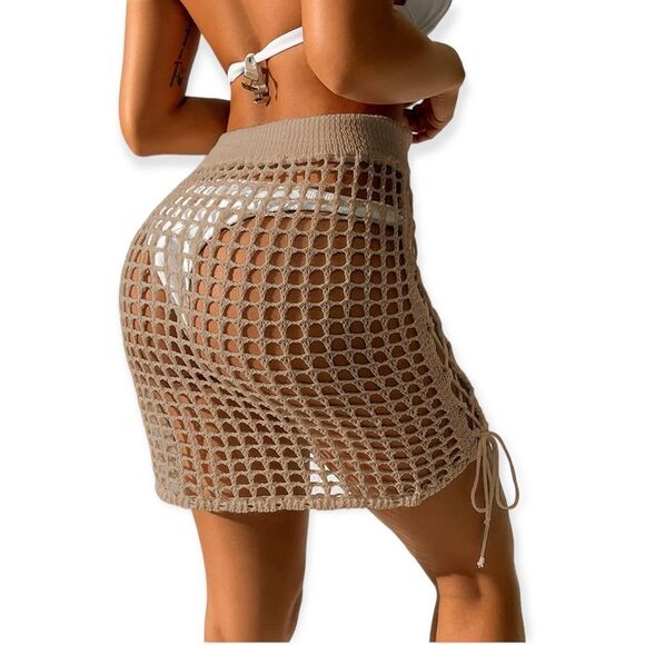 Tan Hollow Out Sides Lace Up Corset Beach Cover Bikini Mini Skirt - NEW - Picture 2 of 4